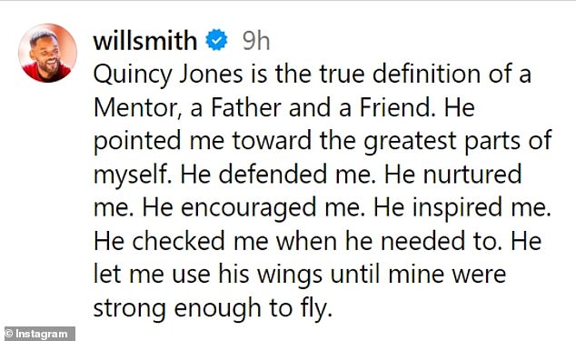 Ele escreveu na legenda: 'Quincy Jones é a verdadeira definição de um Mentor, um Pai e um Amigo. Ele me apontou para as melhores partes de mim mesmo'