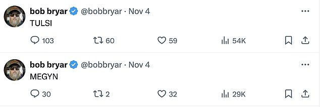 Bryar foi visto vivo pela última vez em 4 de novembro, mesmo dia em que postou seus tweets finais, um dos quais dizia simplesmente 'TULSI', aparentemente fazendo referência à ex-congressista Tulsi Gabbard