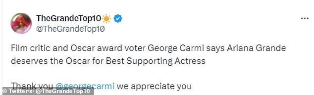 Um fã ávido de Grande elogiou o crítico de cinema George Carmi por dizer que a atriz 'merece o Oscar de Melhor Atriz Coadjuvante'