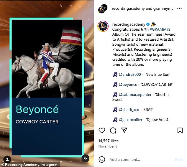 Beyoncé foi indicada a 11 troféus – incluindo álbum do ano – no 67º Grammy Awards, que vai ao ar em 2 de fevereiro na CBS/Paramount+.
