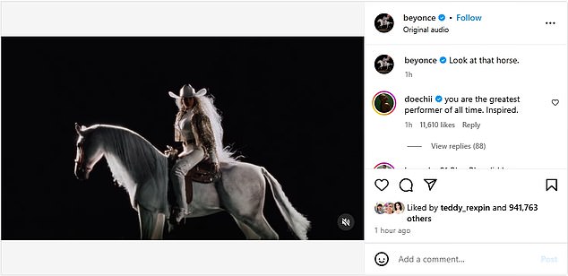 Na quarta-feira, Queen Bey - que possui 423,6 milhões de seguidores nas redes sociais - lançou um novo videoclipe que será lançado em 14 de janeiro com um clipe em câmera lenta com a legenda: 'Olhe para aquele cavalo'