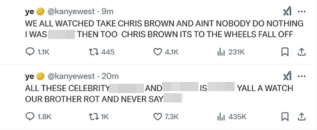 West escreveu a frase 'Free Puff' em suas contas do Instagram e X/ Twitter, acrescentando mais tarde que sentiu que a comunidade negra precisava se unir em torno de Combs, bem como Chris Brown, em meio a seus respectivos problemas, passado e presente