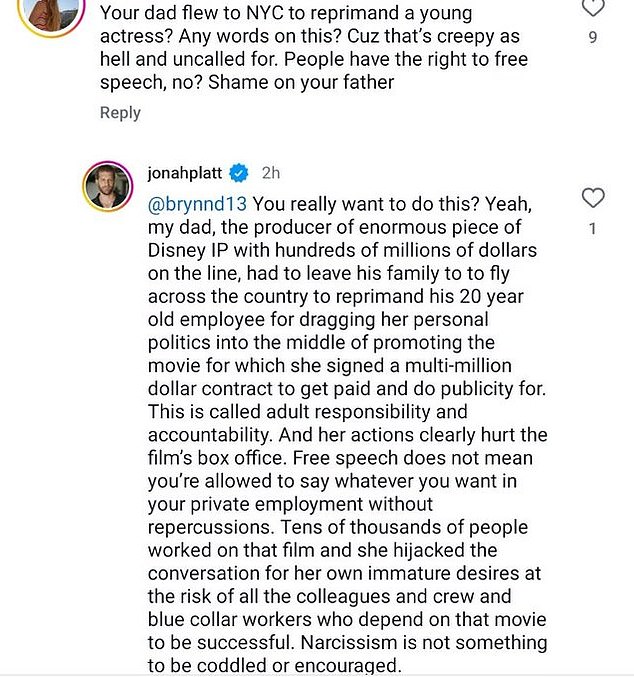 Ele o fez em resposta a um comentário de fãs, que referenciou um artigo publicado pela Variety que alegou que Marc havia voado para Nova York para falar com Zegler sobre seus posts controversos de mídia social pró-palestina