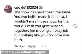 Usuário do Instagram @Cookie1132024 Concordou: 'O programa nunca foi o mesmo. Vocês duas senhoras fizeram o melhor. Eu não sentiria falta desses shows para o mundo. Eu gostaria que vocês ainda estivessem juntos. Jen está fazendo um bom trabalho, mas nada como você também. Amo vocês dois '