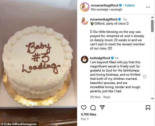 Na semana passada, a atriz de Baxters ficou 'emocionada' com a nora Erika anunciando que ela e o marido Cody estavam esperando seu terceiro filho depois de receber os filhos, Frank, 2; e Ford, 17 meses