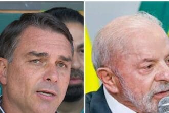 Montagem com o senador Flávio Bolsonaro e o presidente Lula